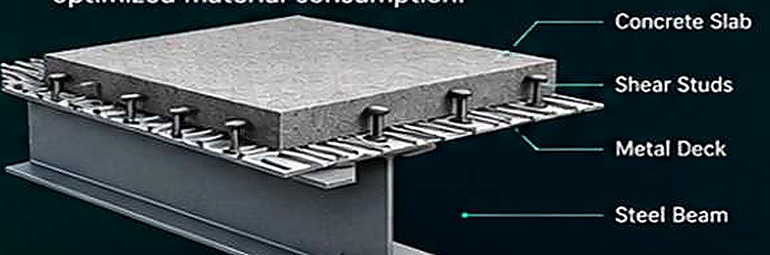 Composite beam diagram showing concrete slab, shear studs, metal deck and steel beam